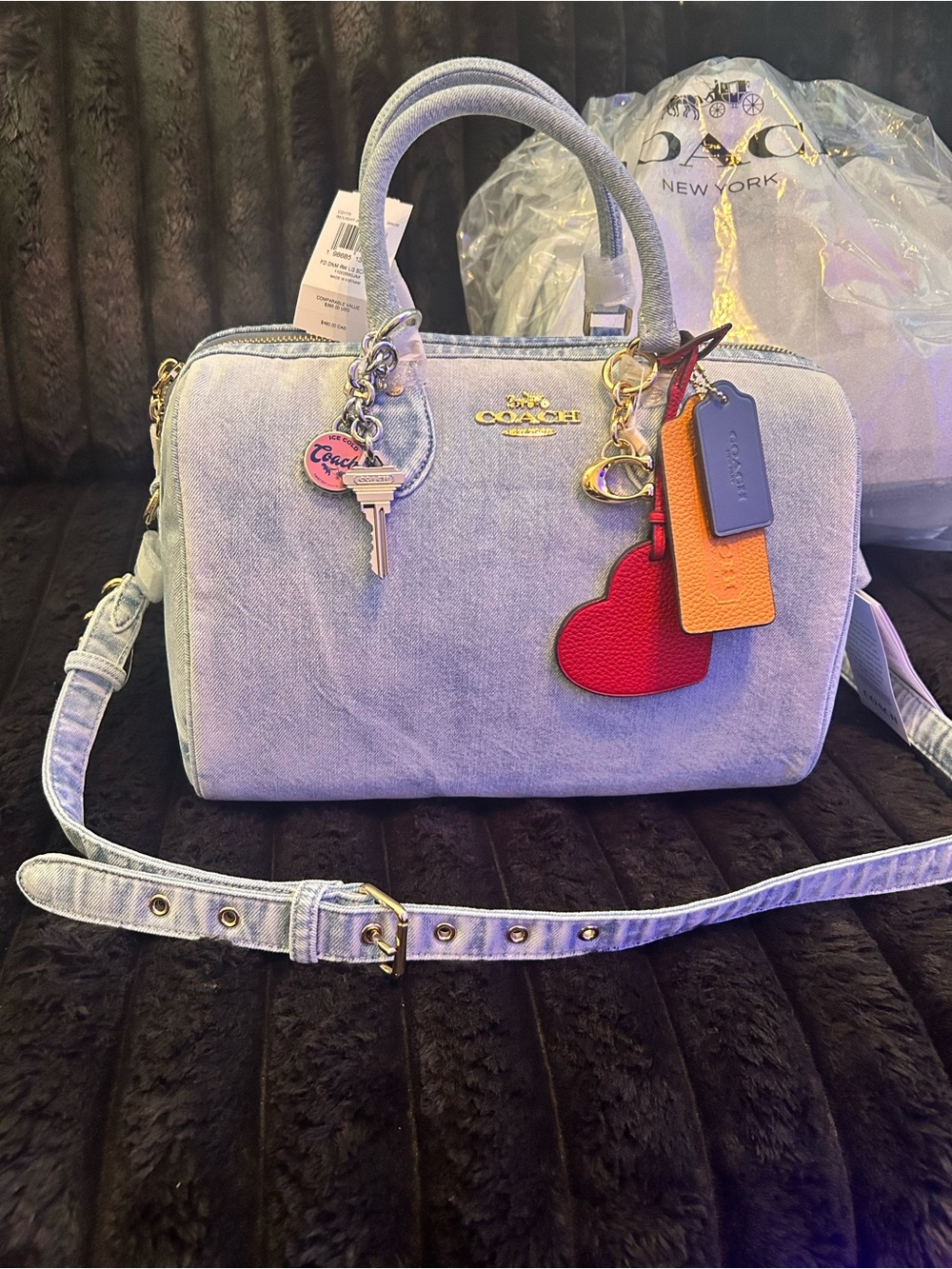 VIRAL NWT Large Coach Denim Satchel with Red Heart Charm and Orange Tag